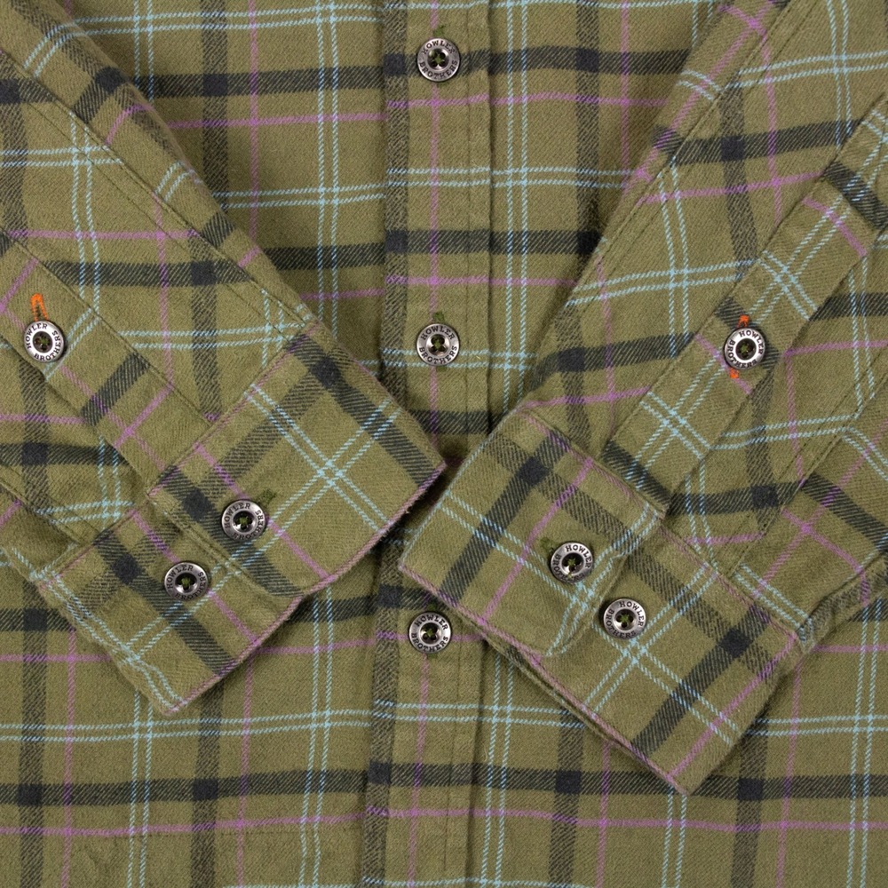 Howler Bros Harkers Flannel Shirt Mens M Green Plaid Cotton‎ Blend Shooter Patch - Picture 3 of 11